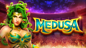 caça-níqueis Medusa com colunas de mármore e serpentes detalhadas.