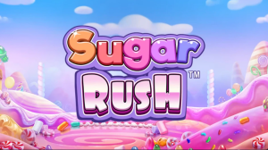 nterface do jogo Sugar Rush com símbolos de doces e recursos de bônus ativados.